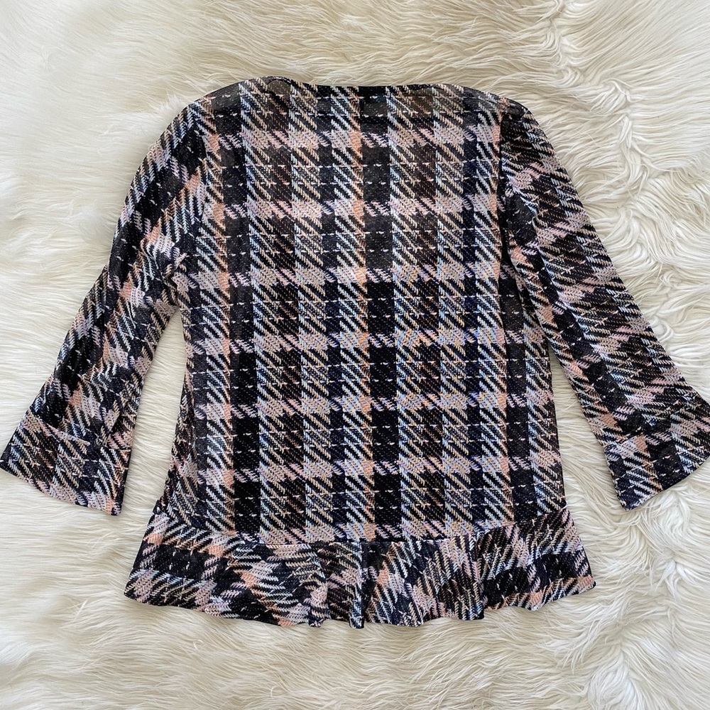 Eva Franco Anthropologie Black Pink Plaid Mesh Cut Out Sleeve Belinda Top Shirt - Picture 9 of 12